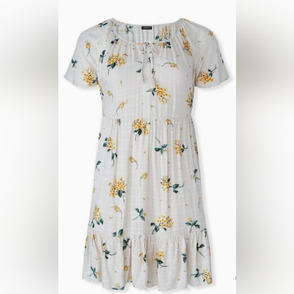 TORRID - Floral Crosshatch Shirred Hem Peasant Dress-Beige/Yellow-Size 4 - NWT